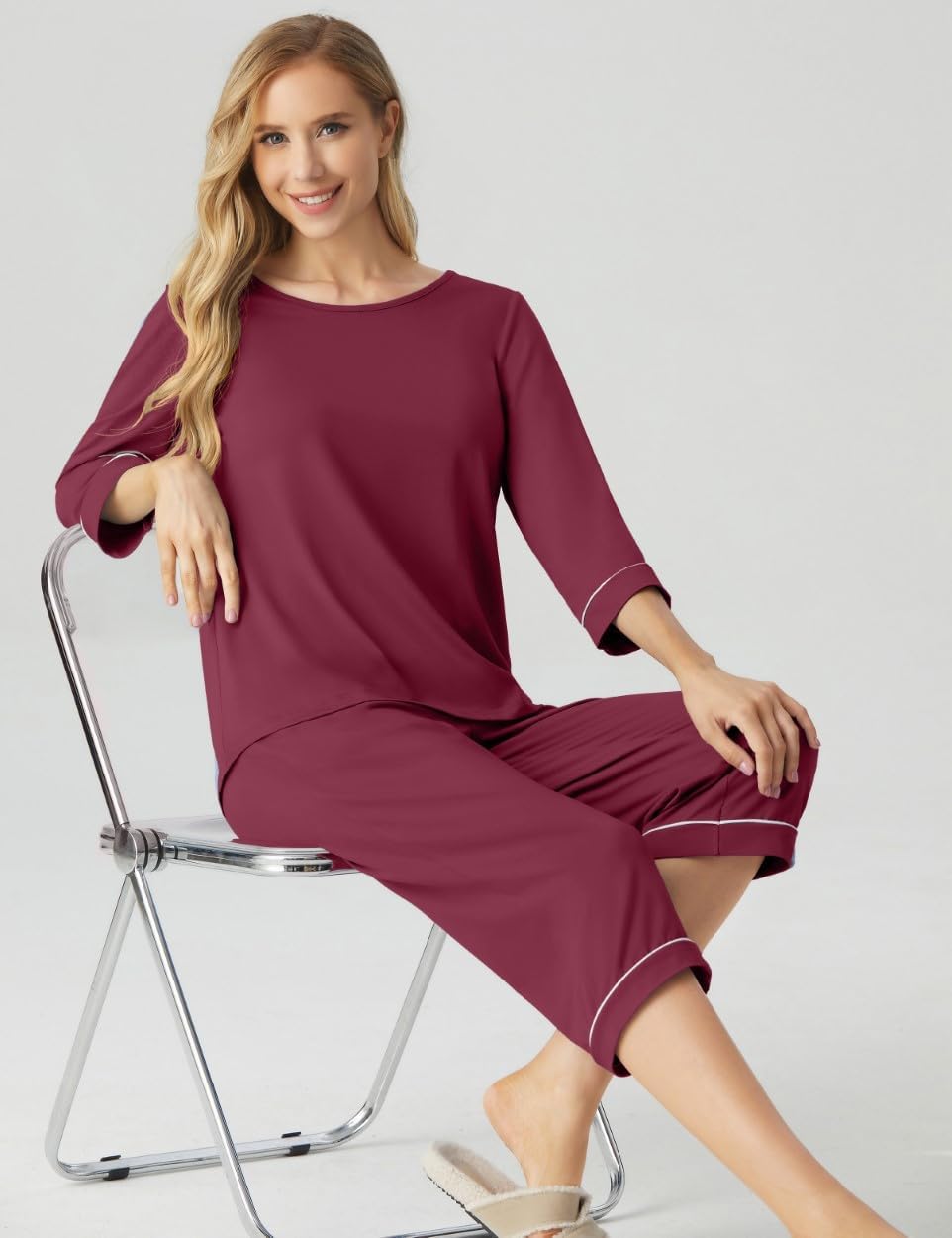 Damen Pyjama Set mit Taschen - Rundhalsausschnitt, 3/4 Ärmel