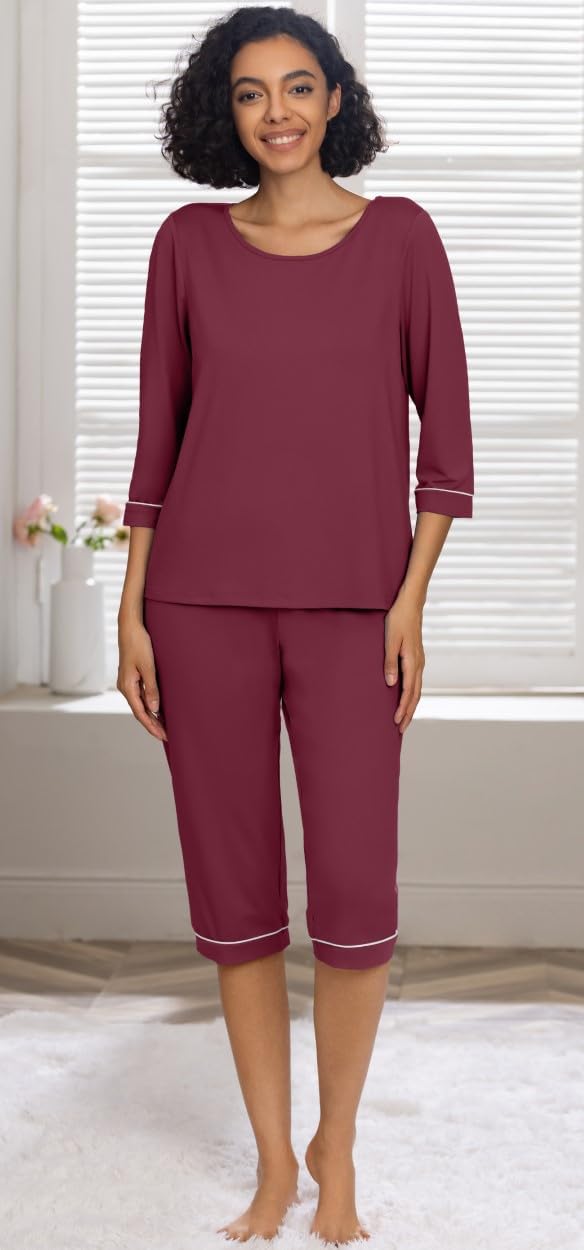 Damen Pyjama Set mit Taschen - Rundhalsausschnitt, 3/4 Ärmel