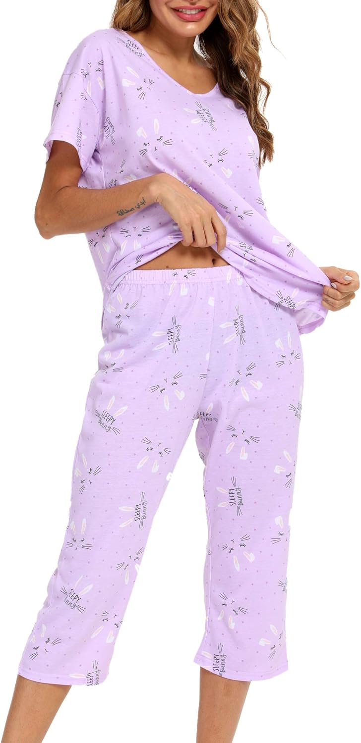 Sommer Pyjama Set für Damen aus Baumwolle, kurzarm mit 3/4 Hose