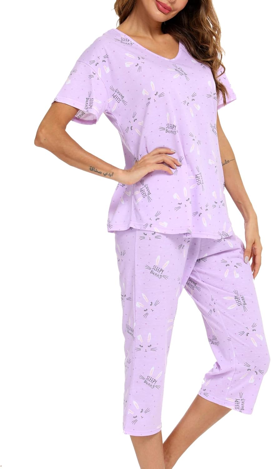 Sommer Pyjama Set für Damen aus Baumwolle, kurzarm mit 3/4 Hose