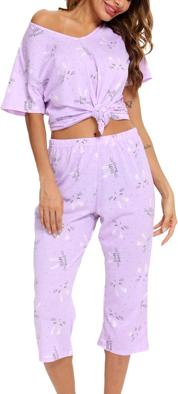 Sommer Pyjama Set für Damen aus Baumwolle, kurzarm mit 3/4 Hose