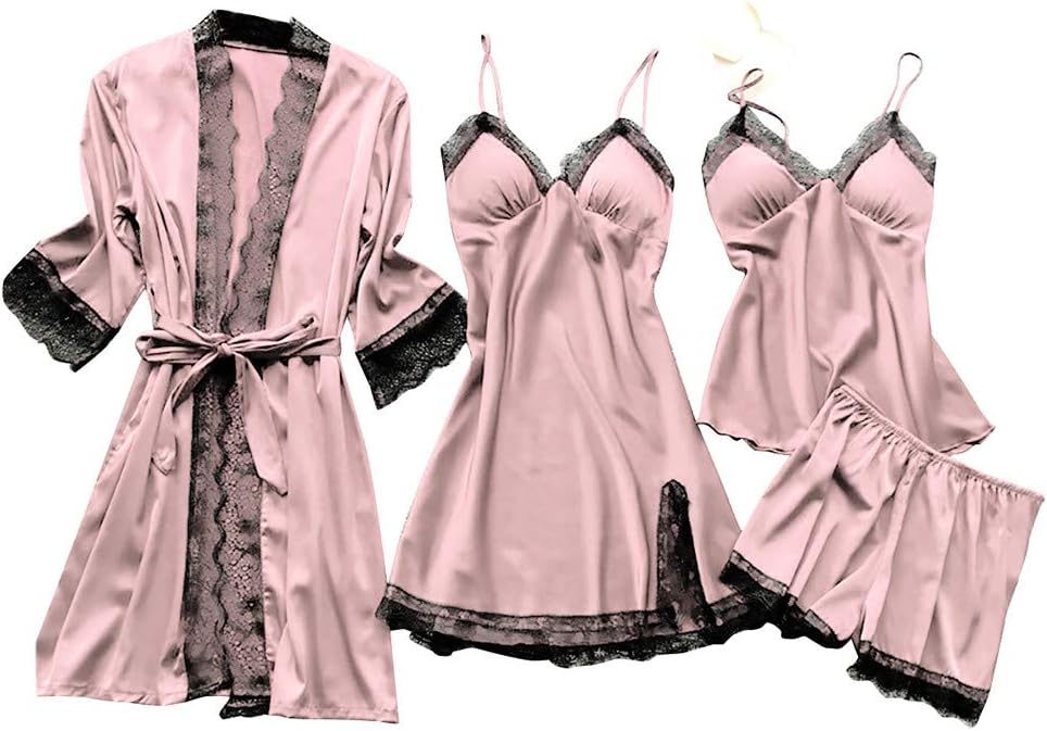 Damen Satin Pyjama Set mit Spitze – 4-teiliges Nachthemd und Robe