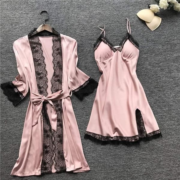 Damen Satin Pyjama Set mit Spitze – 4-teiliges Nachthemd und Robe