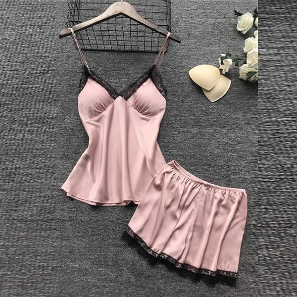 Damen Satin Pyjama Set mit Spitze – 4-teiliges Nachthemd und Robe