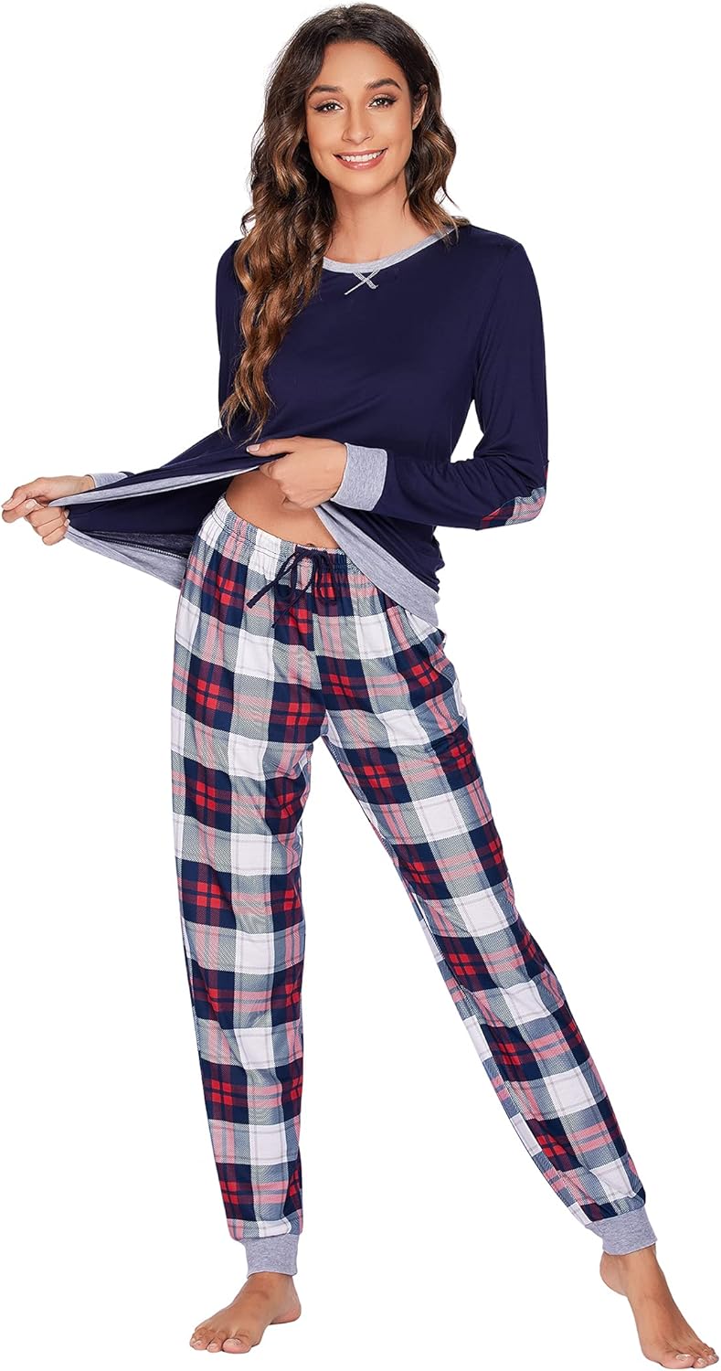 Damen Langarm Schlafanzug-Set kariert für winterliche Nächte S-XXL