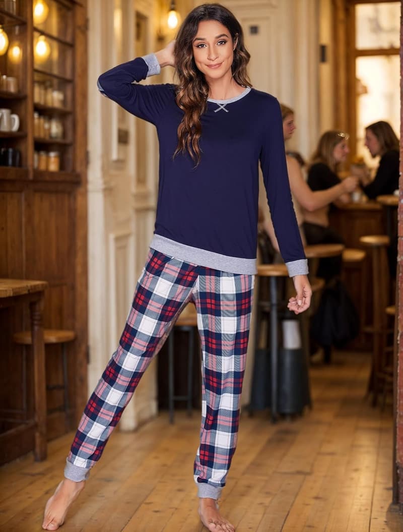 Damen Langarm Schlafanzug-Set kariert für winterliche Nächte S-XXL