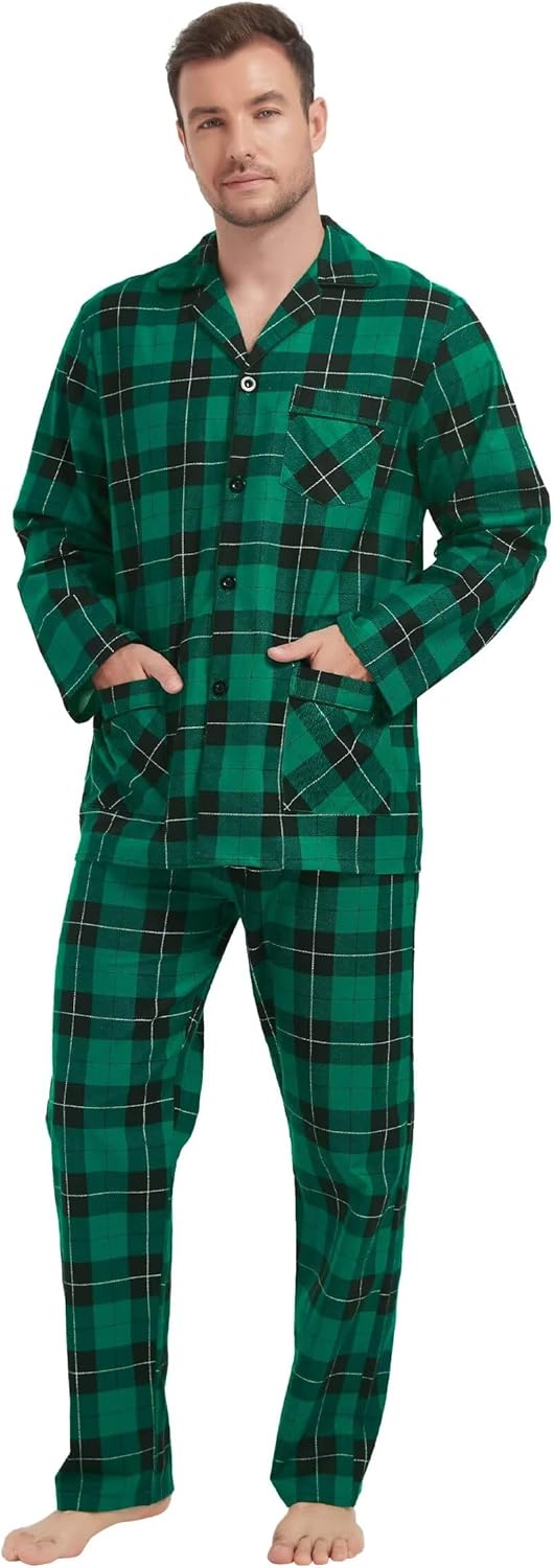 Baumwoll Flanell Pyjama Set für Herren mit Taschen, S-3XL