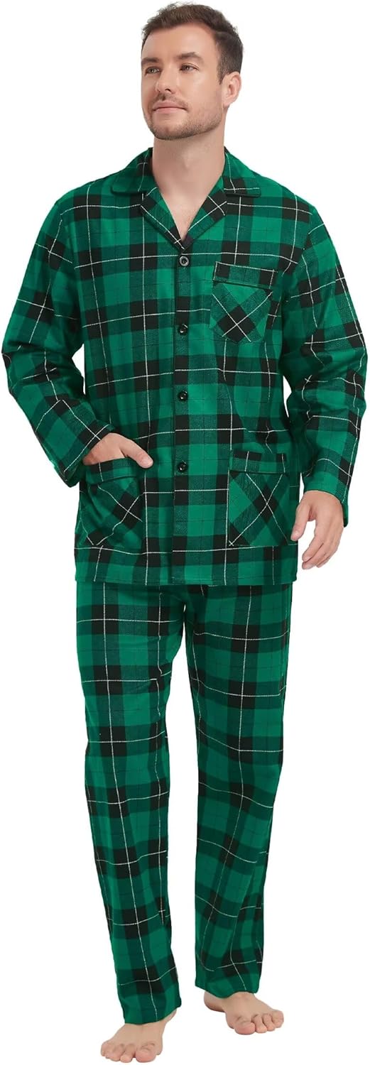 Baumwoll Flanell Pyjama Set für Herren mit Taschen, S-3XL