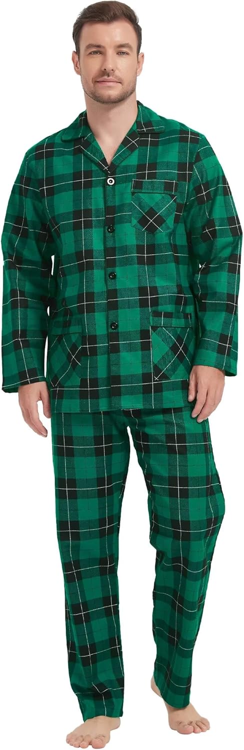 Baumwoll Flanell Pyjama Set für Herren mit Taschen, S-3XL