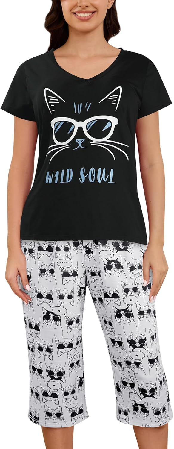 Damen Capri Pyjama-Set mit kurzem Arm im weinroten Druck