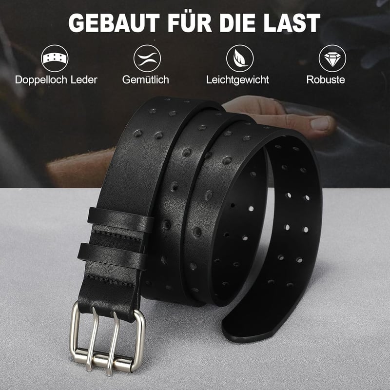 Schwarzer Ledergürtel für Herren mit Doppelzinke, robust für Jeans