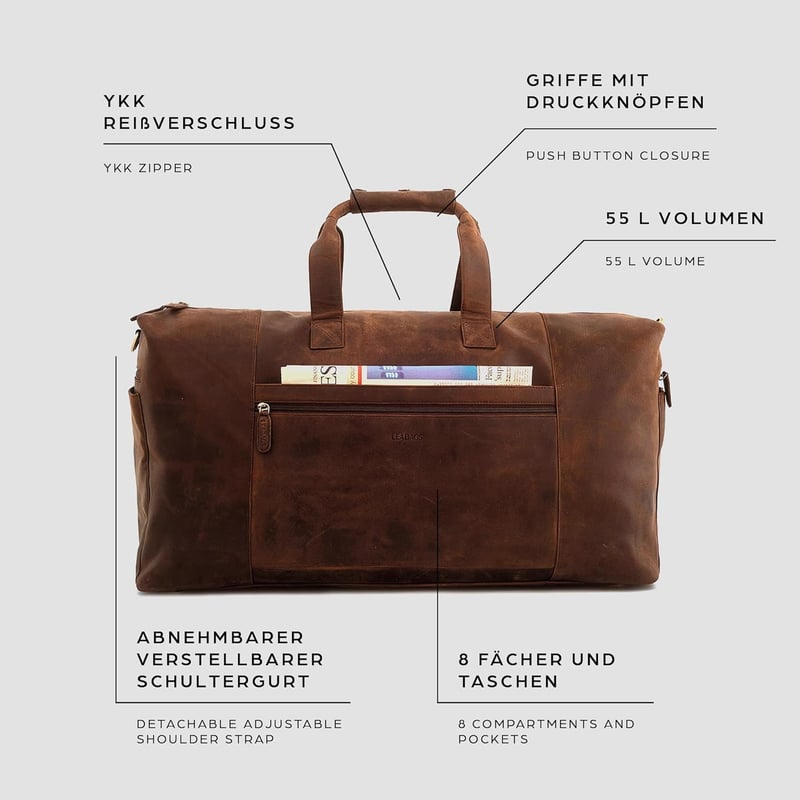 LEABAGS Echtleder Weekender Tasche für Damen und Herren, 55 l