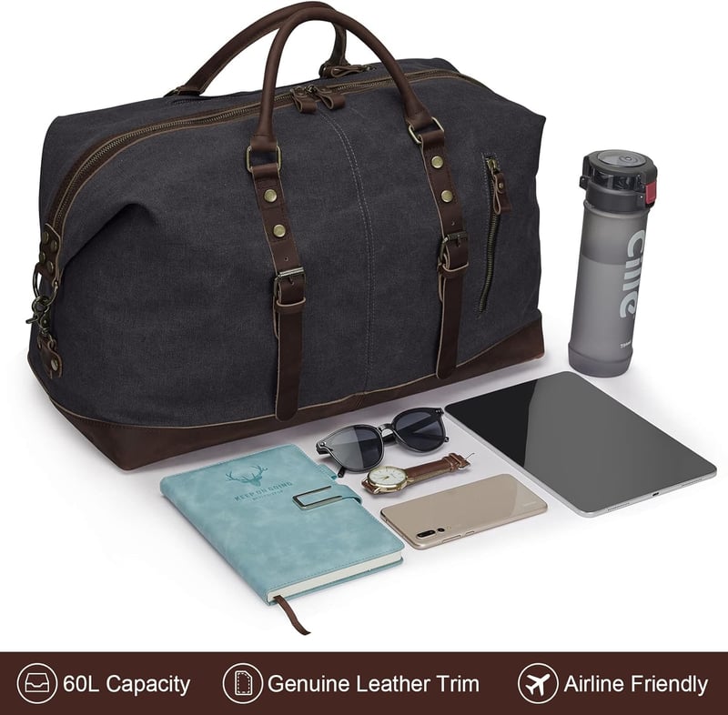 Vintage Canvas Reisetasche 60L mit Lederbesatz für Reisen