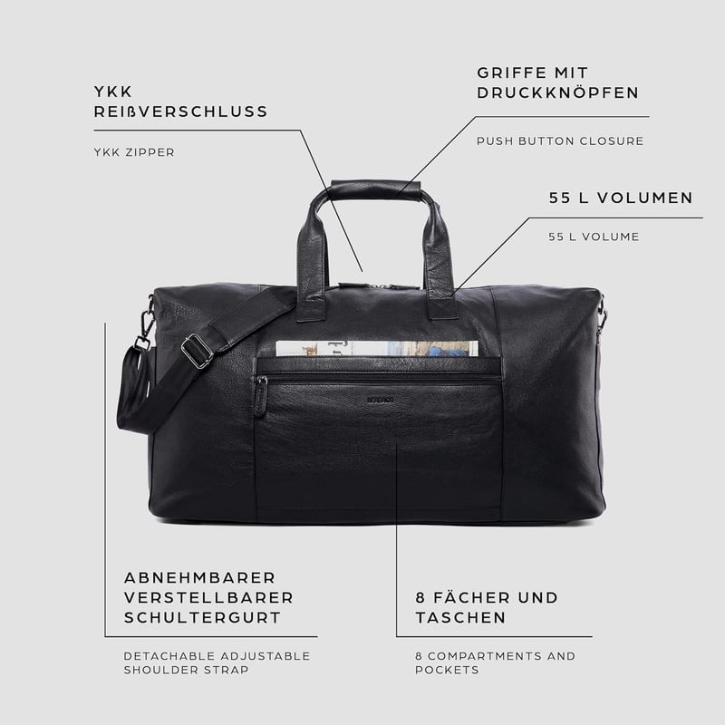 LEABAGS Premium Leder Weekender Tasche für Damen & Herren, 55 l