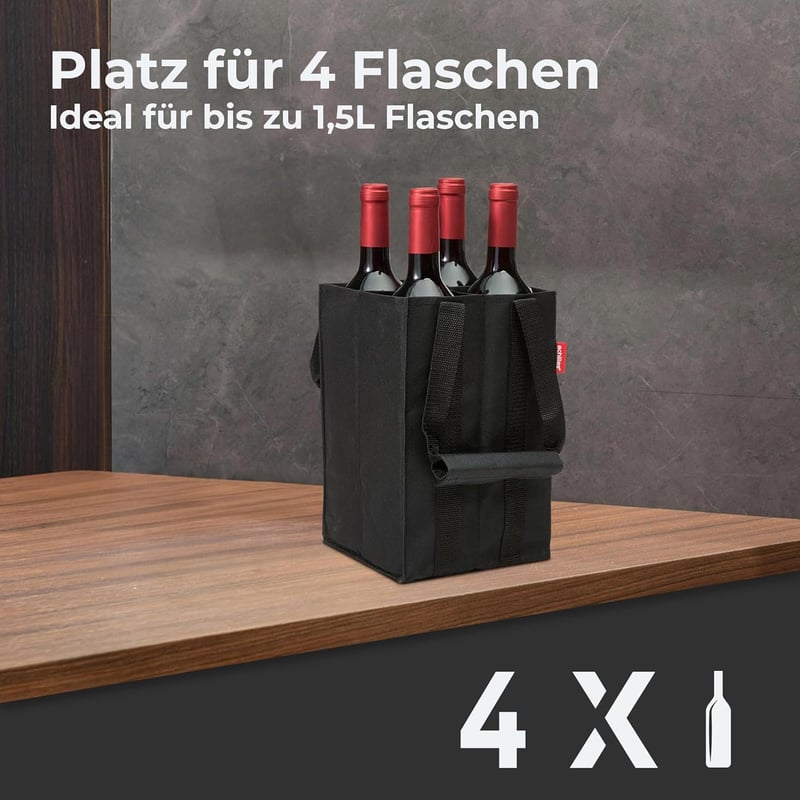 Faltbare Flaschentasche mit 4 Fächern für 1,5 Liter – Reißfest und Schwarz