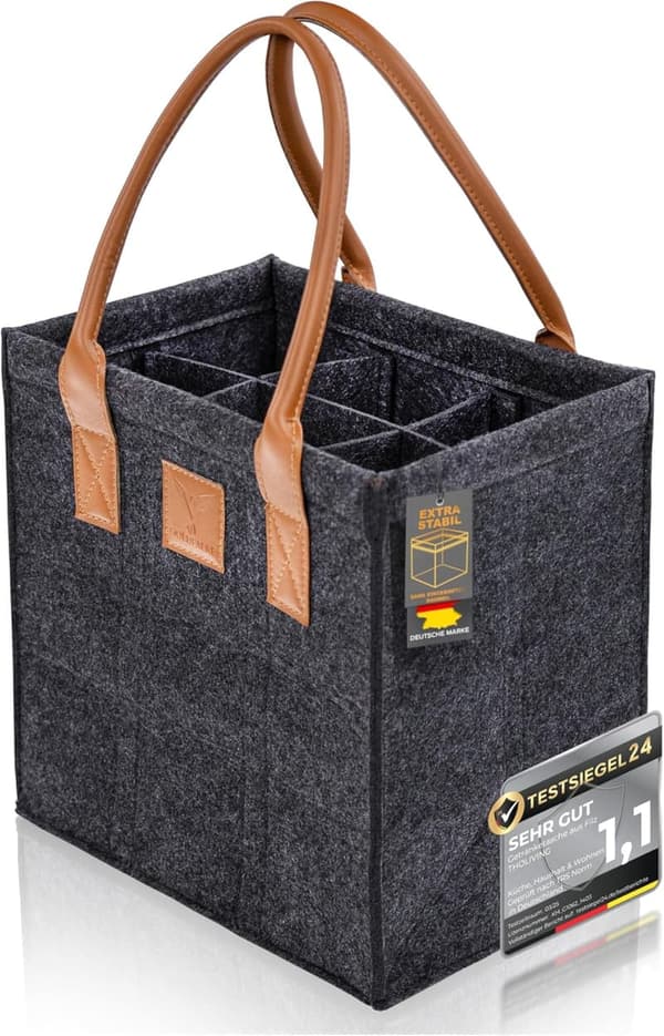 Stabiler Flaschenträger aus Filz für 6 Flaschen, grau