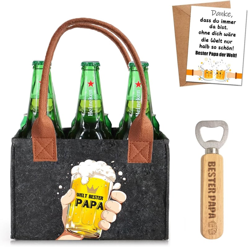Hochwertige Filz-Biertasche für 6 Flaschen mit Flaschenöffner – Geschenk für Papa