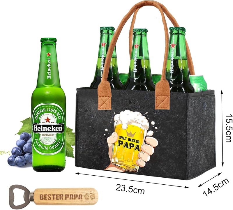 Hochwertige Filz-Biertasche für 6 Flaschen mit Flaschenöffner – Geschenk für Papa