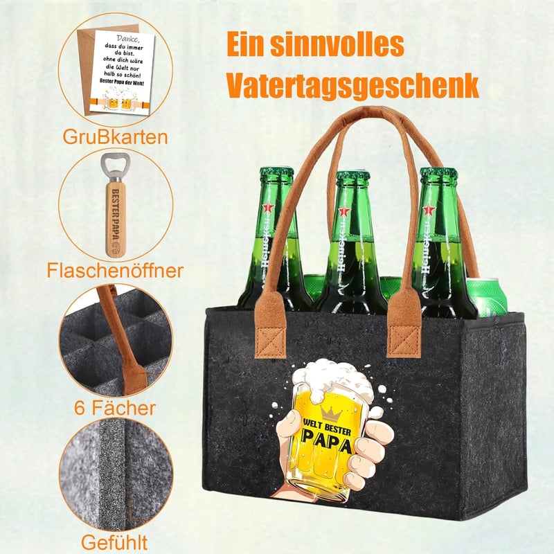 Hochwertige Filz-Biertasche für 6 Flaschen mit Flaschenöffner – Geschenk für Papa