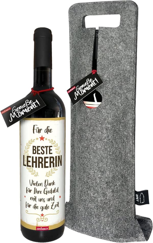 Geschenk für beste Lehrerin: STEINBECK Tempranillo Rotwein mit Flaschentasche