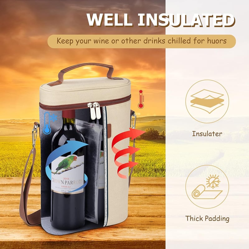 Isolierte Weintasche für 2 Flaschen – Beige Kühltasche für Picknick und Party