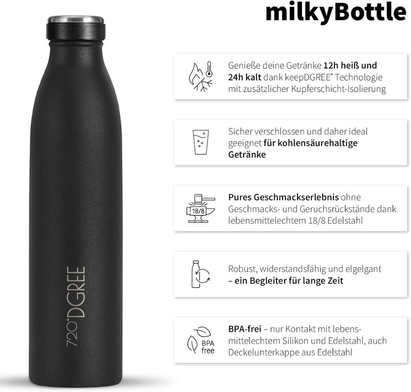 Edelstahl Trinkflasche für Kinder “milkyBottle” 500ml - BPA-frei, auslaufsicher, kohlensäuregeeignet