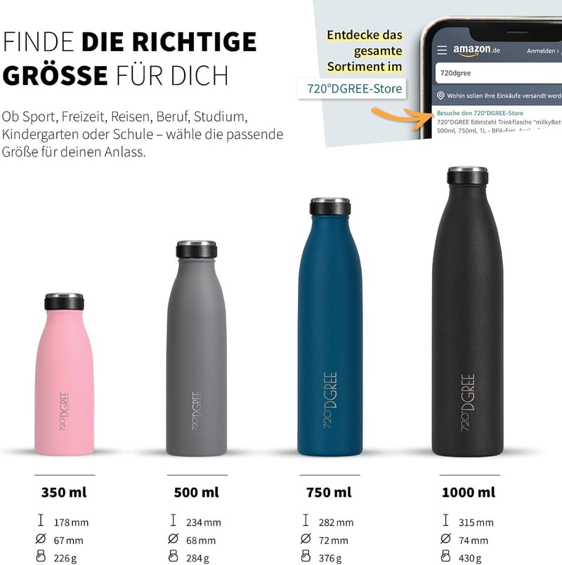 Edelstahl Trinkflasche für Kinder “milkyBottle” 500ml - BPA-frei, auslaufsicher, kohlensäuregeeignet
