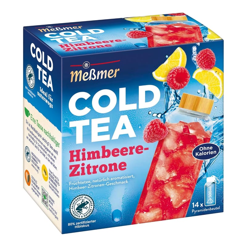 Meßmer Himbeere-Zitrone Cold Tea | Zuckerfrei & Kalorienfrei | 14 Pyramidenbeutel