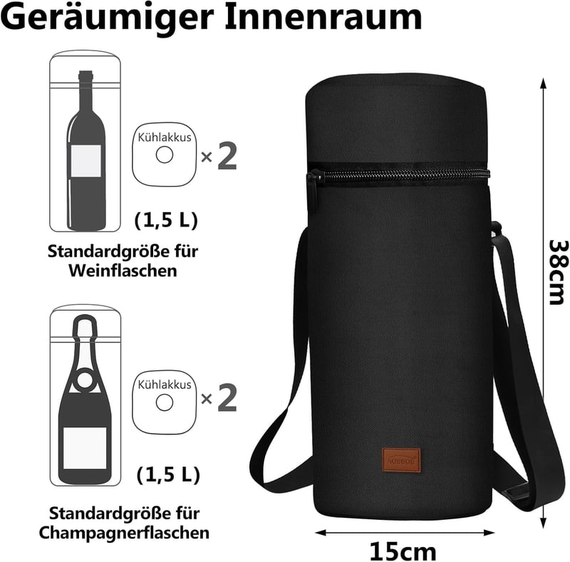Kühltasche für 1,5L Weinflasche – Schwarz, mit verstellbarem Schultergurt
