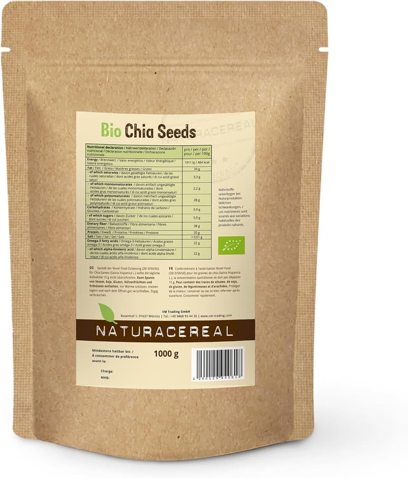 Bio Chia Samen 1kg – Vegan, glutenfrei, reich an Omega-3 & Protein