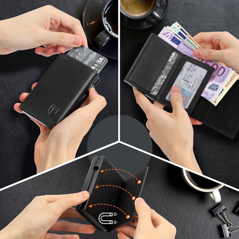 Slim Wallet Herren mit RFID Schutz aus Leder - 8 Fächer, Schwarz