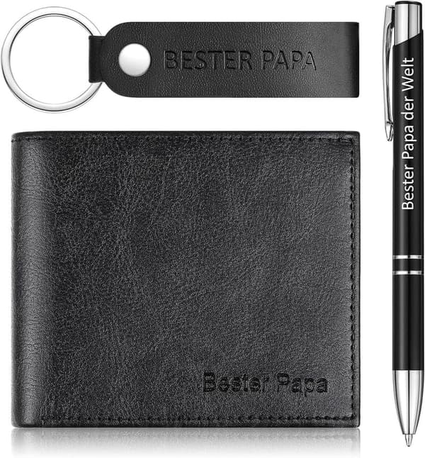 Geschenkset für Papa: Leder Geldbörse, Schlüsselanhänger & Gravur-Kugelschreiber