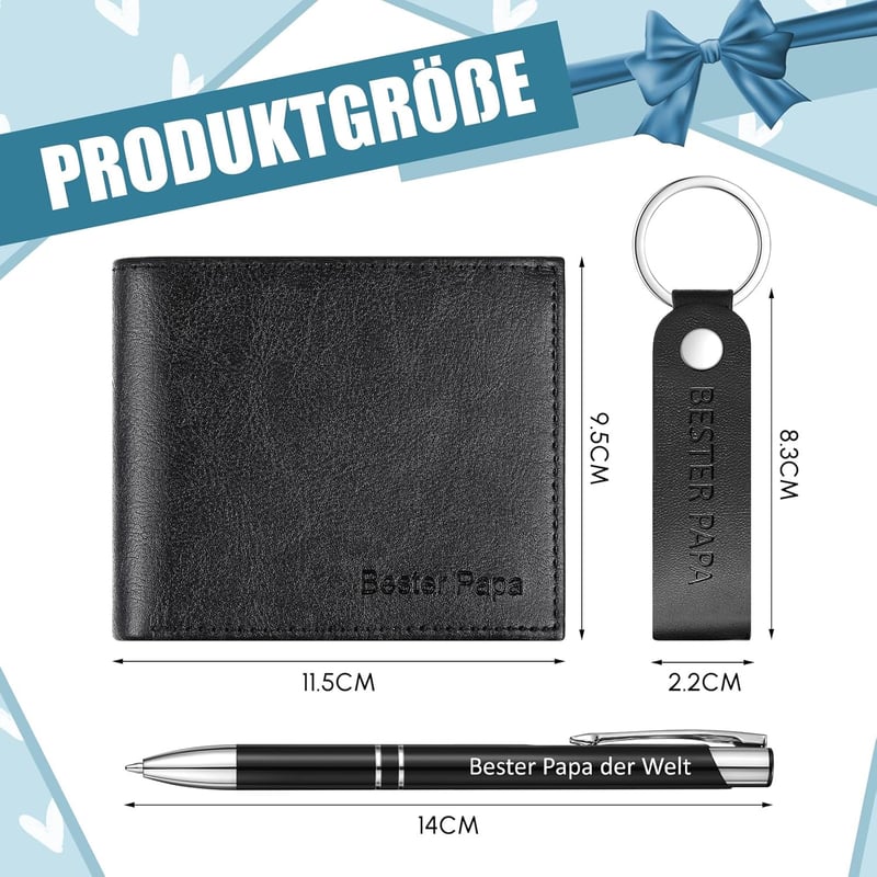Geschenkset für Papa: Leder Geldbörse, Schlüsselanhänger & Gravur-Kugelschreiber