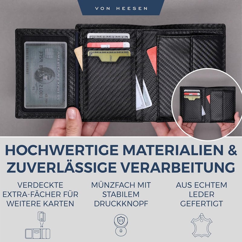 Echtleder Geldbörse mit RFID-Schutz für Damen und Herren (Carbon-Schwarz)