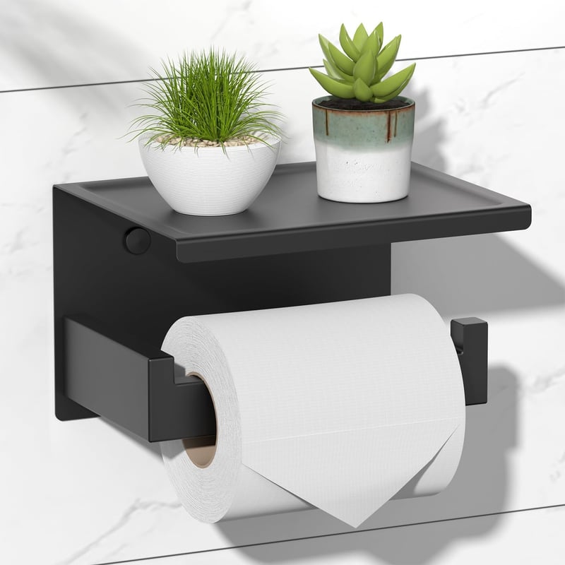 Selbstklebender Toilettenpapierhalter aus Edelstahl mit Ablage, schwarz