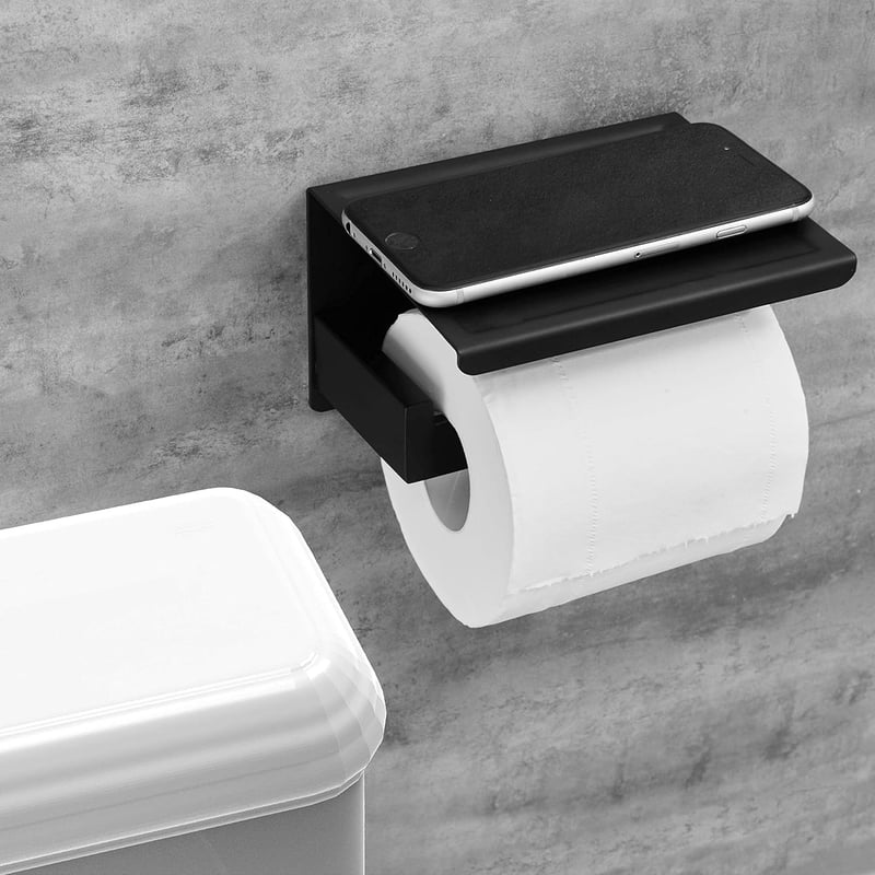Selbstklebender Toilettenpapierhalter aus Edelstahl mit Ablage, schwarz