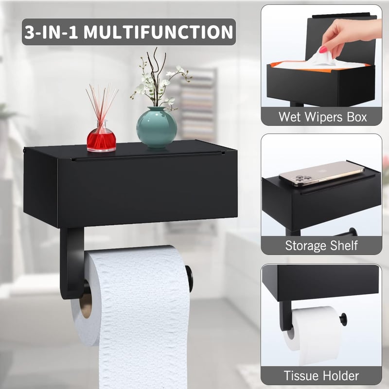 Toilettenpapierhalter Schwarz mit Ablage und Feuchttücherbox, selbstklebend