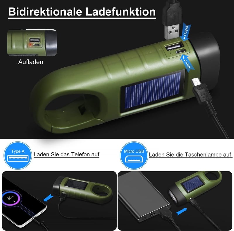 USB-Aufladbare LED-Taschenlampe mit Kurbel und Solar, grün
