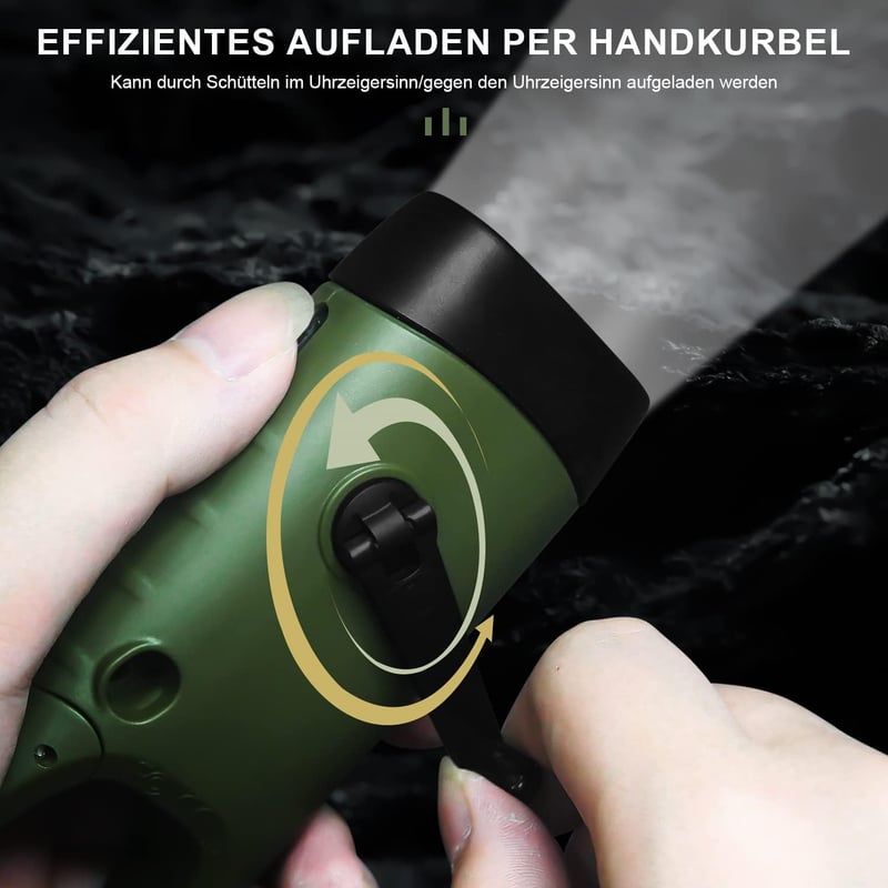 USB-Aufladbare LED-Taschenlampe mit Kurbel und Solar, grün