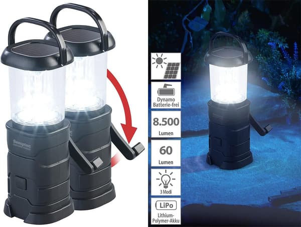 Semptec Kurbellaternen-Set: LED-Campinglaternen mit Dynamo, Solar & USB