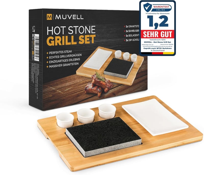Hot Stone Platte aus Granit mit Bambusbrett und Schälchen für Steak