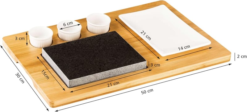 Hot Stone Platte aus Granit mit Bambusbrett und Schälchen für Steak