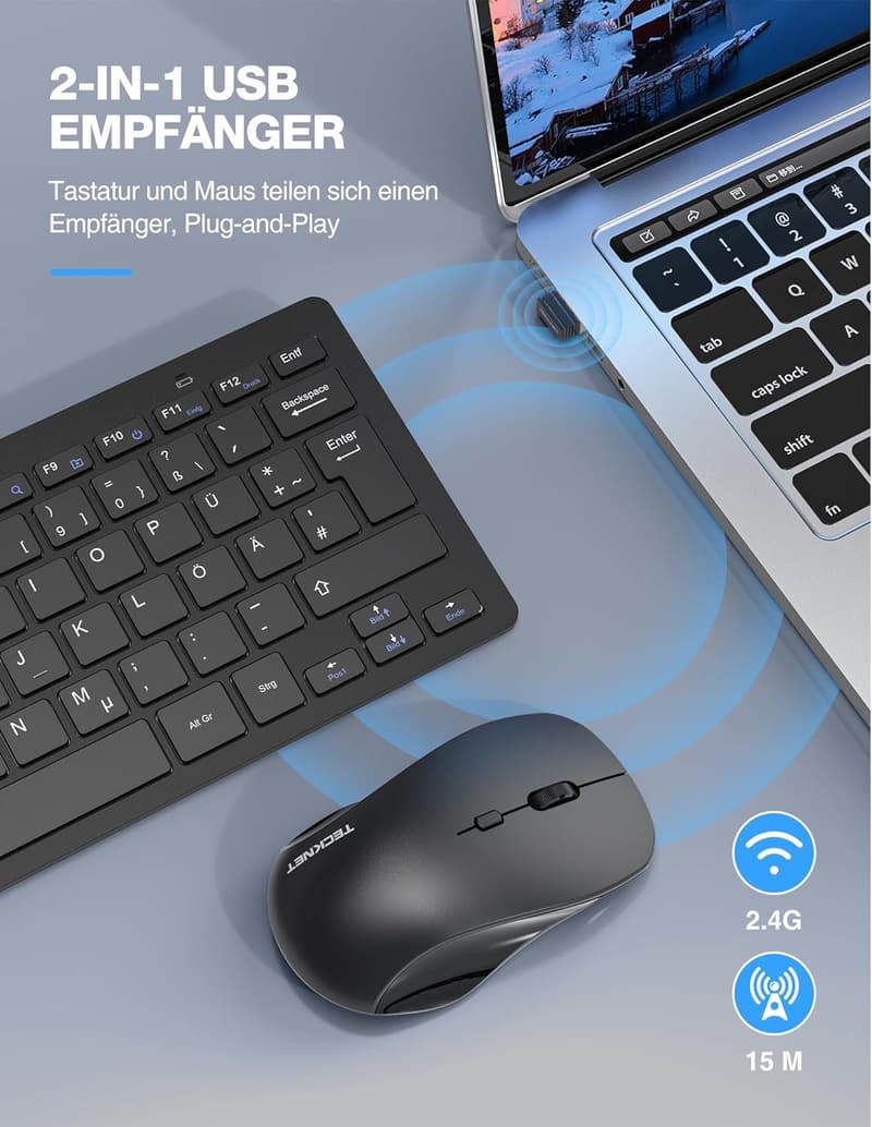 Kabelloses Tastatur-Maus-Set mit QWERTZ-Layout, leise, 15m Reichweite