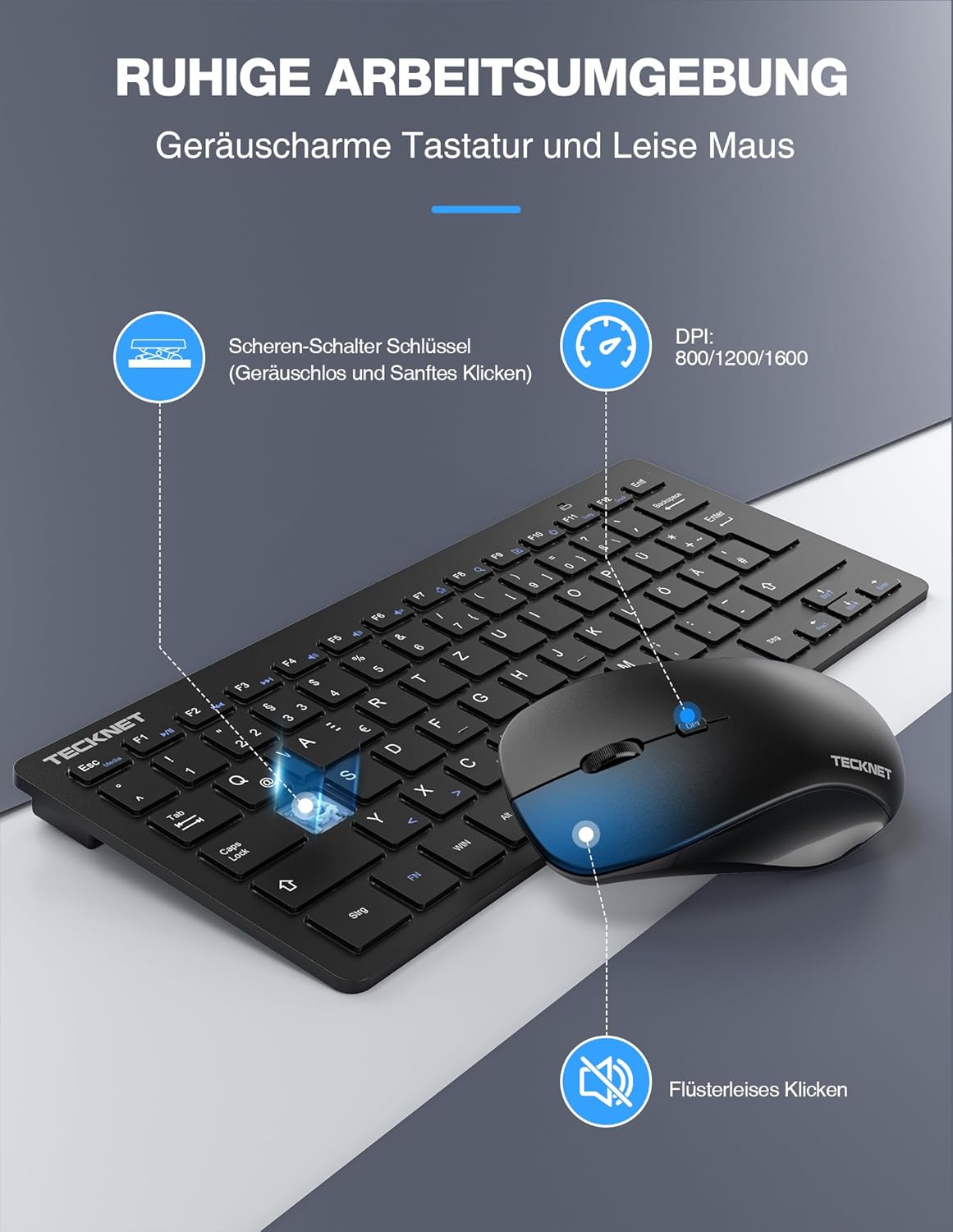 Kabelloses Tastatur-Maus-Set mit QWERTZ-Layout, leise, 15m Reichweite