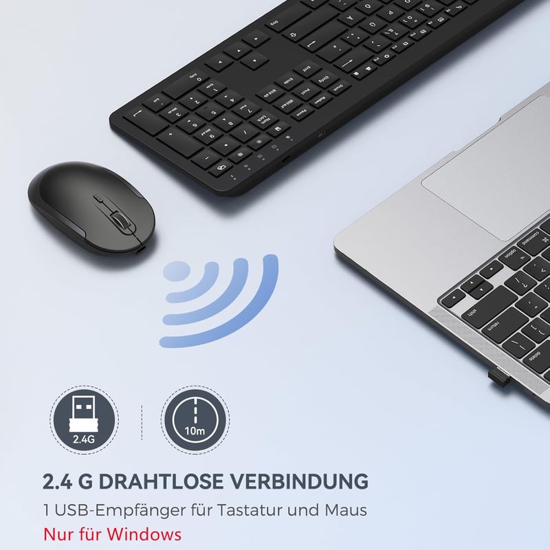 Kabelloses Tastatur-Maus-Set, Ergonomisch & Wiederaufladbar, Schwarz