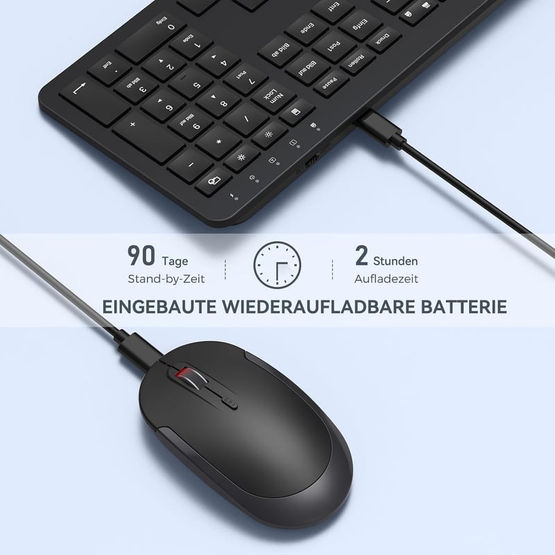Kabelloses Tastatur-Maus-Set, Ergonomisch & Wiederaufladbar, Schwarz