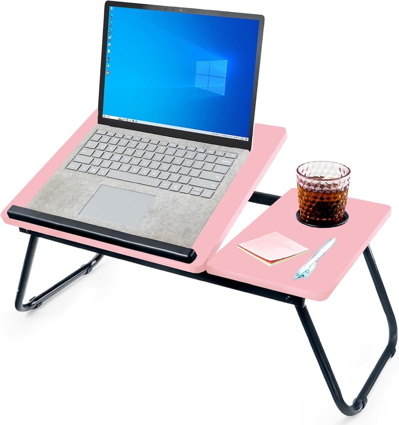 Höhenverstellbares Betttablett mit Cup Slot für Frühstück & Arbeiten, 56x33x23 cm (Rosa)