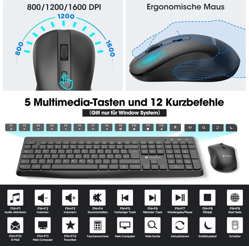 Kabelloses Tastatur- und Mausset QWERTZ für Windows, MacOS, Linux
