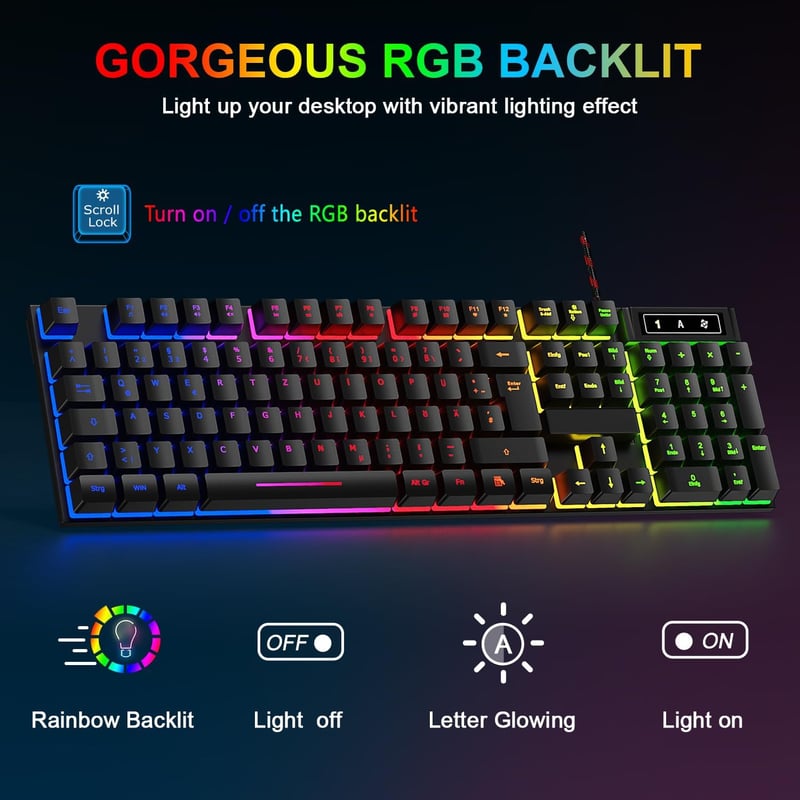 Rewurnth Gaming-Tastatur und Maus Set mit RGB-Beleuchtung für PC und Konsolen
