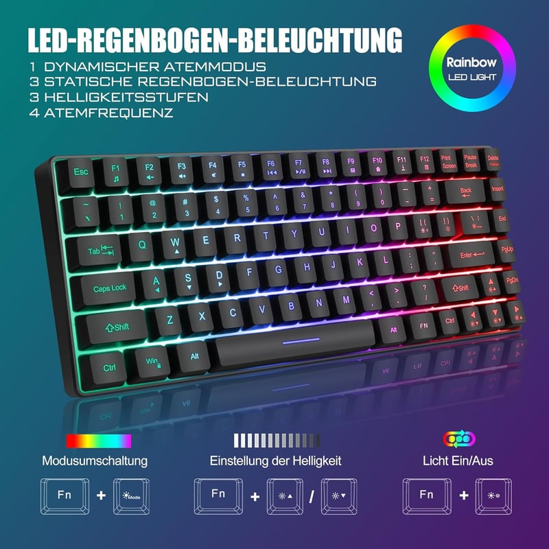 Kabelloses Gaming-Tastatur- und Maus-Set für Gamer, QWERTZ, TKL, 7200DPI